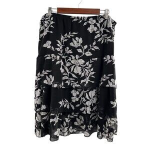 Elementz Black & White Floral Tiered Chiffon Skirt XL Ruffle Feminine Midi Boho